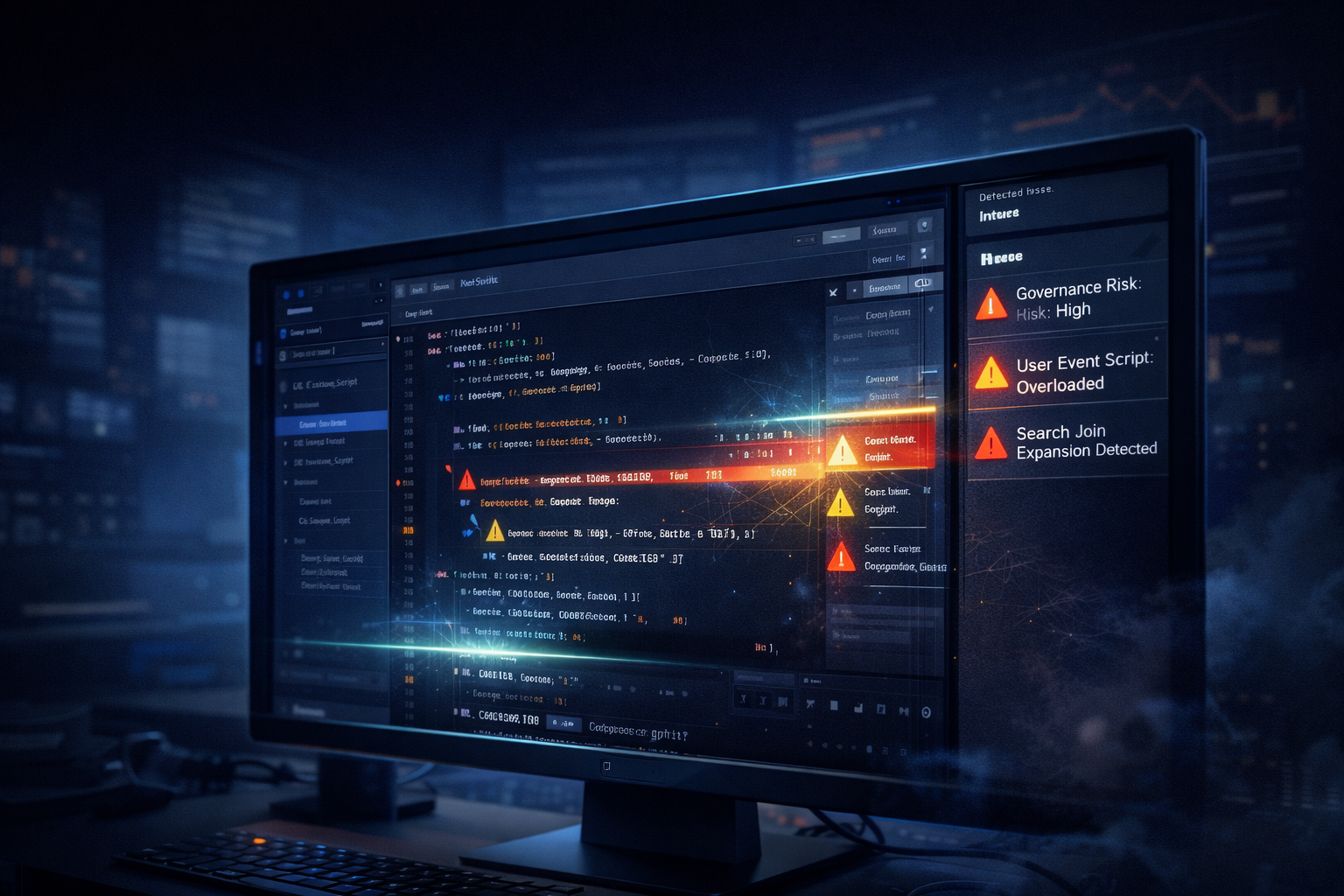 SuiteLens scanning SuiteScript inside VS Code, showing governance findings